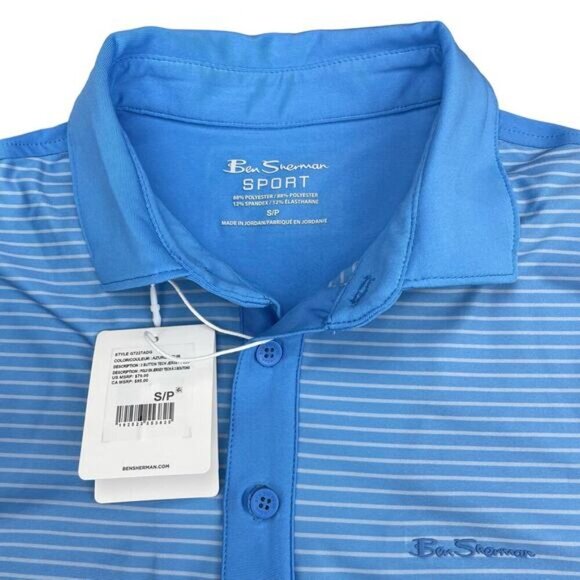 NWT BEN SHERMAN Golf 3 Button Tech Jersey Polo Sz Small Azure Mini Stripes - Picture 3 of 5